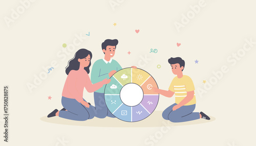 Family exploring emotions with a colorful mood wheel Concept for mental health and communication