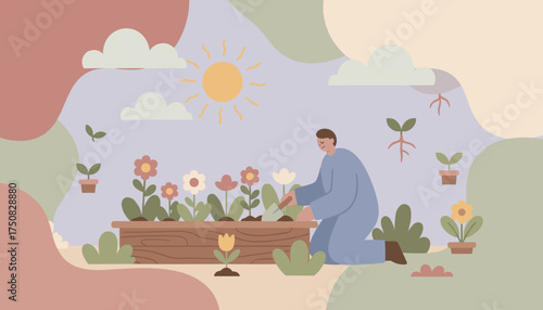 Person gardening outdoors cultivating plants and flowers in a calm natural setting Lifestyle hobby