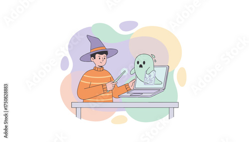 Wizard magically solves laptop data issues symbolizing digital recovery cyber threat or IT support