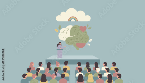 Speaker discusses mental wellness and brain health to a diverse audience at a conference