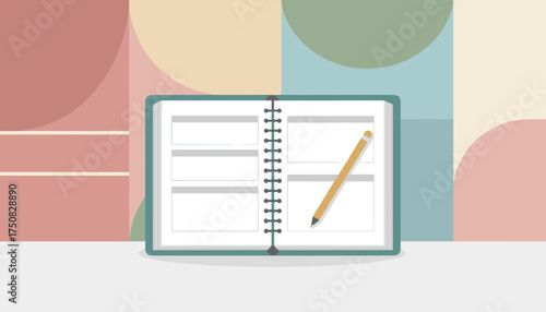 Open planner notebook with pencil on a colorful abstract background Perfect for organization ideas or studies