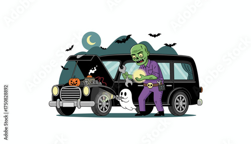 Zombie mechanic and ghost fix a spooky hearse at night Halloween auto repair