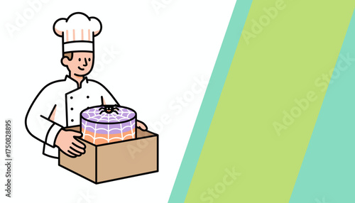 Smiling chef holds a Halloween spiderweb cake in a box Perfect for bakery promotions