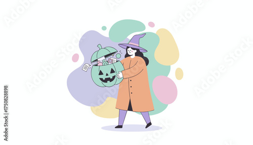 Happy witch holding a pumpkin bucket filled with candy and papers celebrating knowledge and Halloween