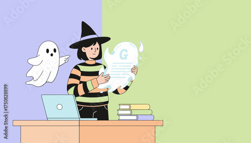 Witch student with a ghost and magical document ideal for Halloween education concepts