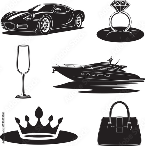 Luxury lifestyle icons: car, yacht, diamond, crown, bag, champagne