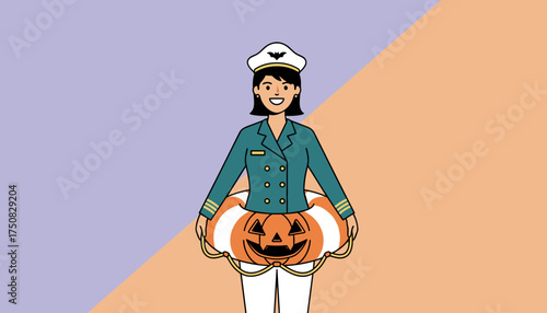 Smiling captain in Halloween costume with jackolantern lifebuoy ready for spooky fun