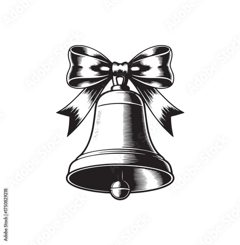 Elegant Christmas Bell with Ribbon | Black and White Vector Illustration | Holiday Decoration Design
