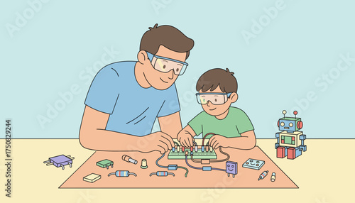 Father and son building electronics together learning STEM and bonding over a fun hobby