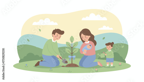 Happy family plants a tree symbolizing growth and a sustainable future for their new baby