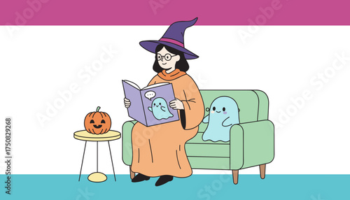Cute witch reads a spooky story to a friendly ghost on Halloween surrounded by festive decor
