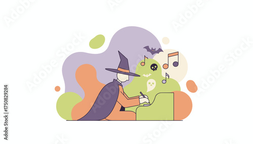 Witch composing spooky Halloween music with ghosts bats and skulls