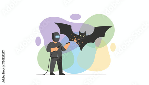 Welder creating a bat symbol with sparks flying showcasing industrial artistry and unique craft