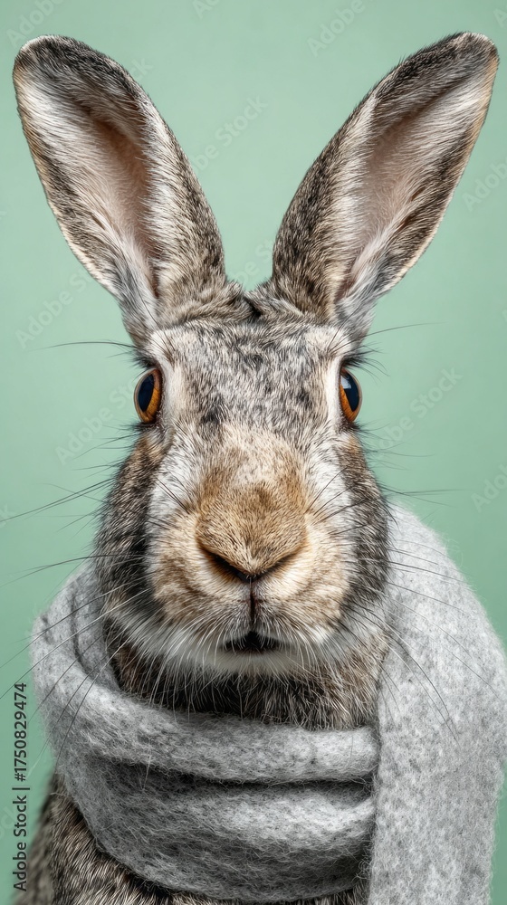 Fototapeta premium Rabbit wearing a gray scarf poses against a light green background in a close-up shot