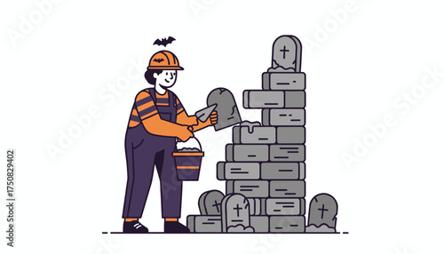 Halloweenthemed worker building a gravestone wall Spooky construction holiday theme illustration