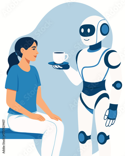 A friendly robot offers a cup of coffee to a smiling woman. Artificial intelligence in everyday life, service robots, smart home technologies. For educational purposes, articles, and presentations
