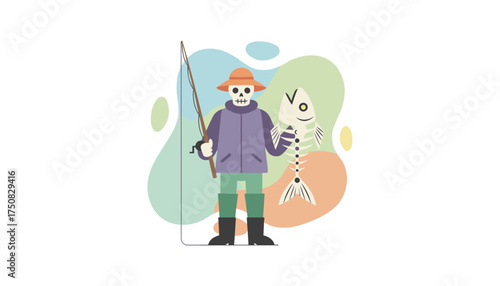 Skeleton fisherman with a fish skeleton Humorous illustration for fishing bad luck or Halloween