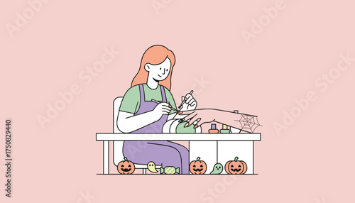 Manicurist applies festive Halloweenthemed nail polish in a salon setting