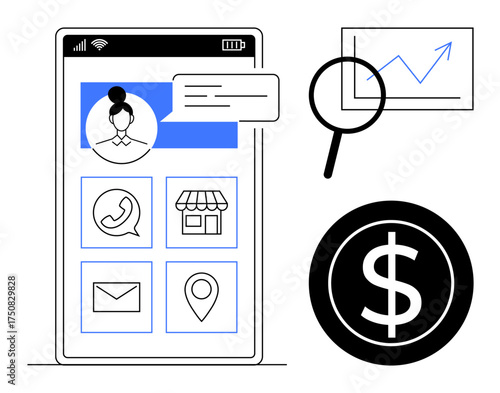Smartphone interface showing contact, messaging, and location icons. Complemented by magnifying glass analyzing chart and dollar sign conveying financial growth. Ideal for technology, communication