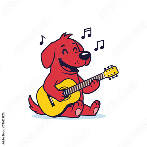 Happy red cartoon dog playing guitar with musical notes floating above joyful melodies for children's content vector