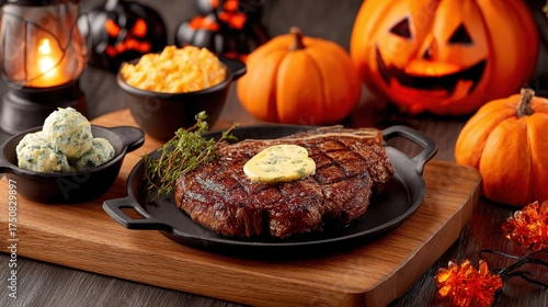 A plate of steak with butter and a bowl of mashed potatoes