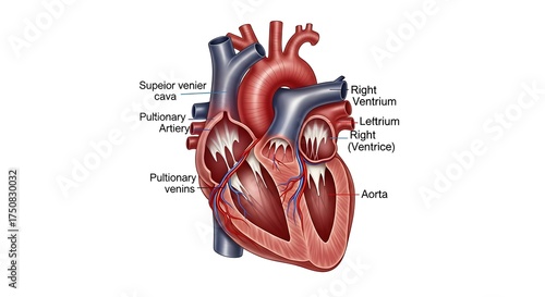 Anatomical Illustration of the Human Heart with Labeled Components.