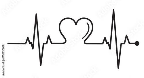 Heartbeat line with a heart symbol in the middle, isolated on transparent background