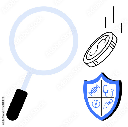 Magnifying glass highlights analysis, coin marks finance, and shield with symbols signifies healthcare. Ideal for finance, health, security, insurance, research innovation investigation. Simple
