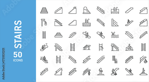 Vector art of stairs and escalators icons set collection of 50 linear icons with different types of stairs and escalators for web design and mobile apps