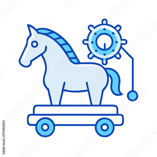 Vintage horse toy on wheels with a mechanical gear, playful design in blue tones