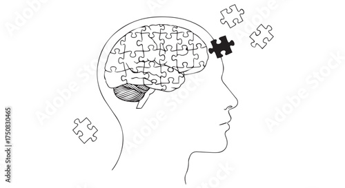 Silhouette of a human head with a jigsaw puzzle brain, isolated on transparent background