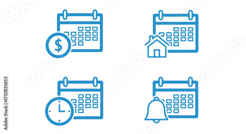 Set of calendar icons with dollar sign, house, clock, and bell isolated on transparent background