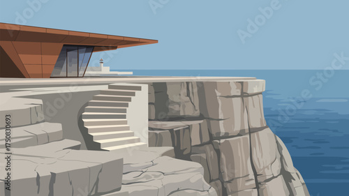 A modern house on a cliff overlooking the ocean with stairs leading down to the water edge scenery