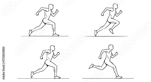 Four sequential line drawings of a runner in motion, isolated on transparent background