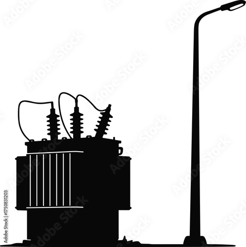 Silhouette of electrical transformer with insulators and urban streetlight pole vector illustration showing electricity distribution and public lighting system design
