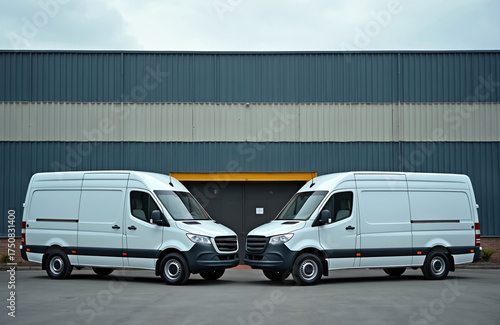 Two white cargo vans parked side-by-side outside a modern industrial building. Commercial vehicles ready for logistics and delivery services. Efficient transport fleet.