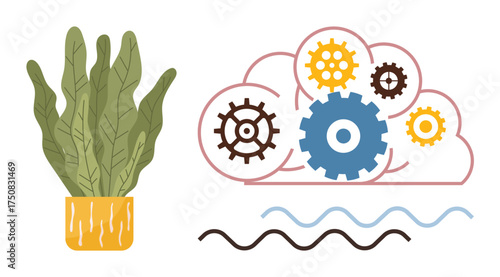 Potted plant beside cloud with colorful gears, symbolizing growth and innovation. Ideal for sustainability, growth, ecology, technology, teamwork, problem-solving environment awareness. Minimalist