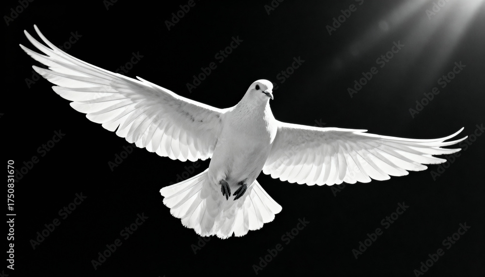 Fototapeta premium Graceful white dove soaring against dramatic black background with wings fully spread and illuminated by soft sunlight