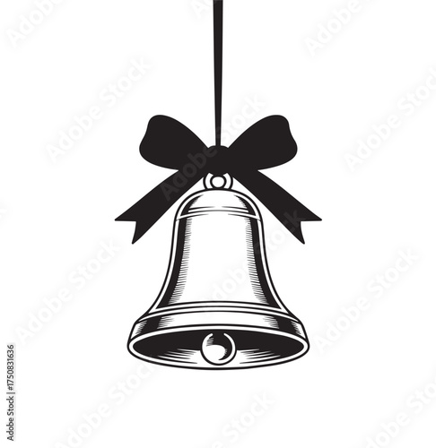 Hanging Christmas Bell with Ribbon | Elegant Black and White Vector | Festive Holiday Decoration