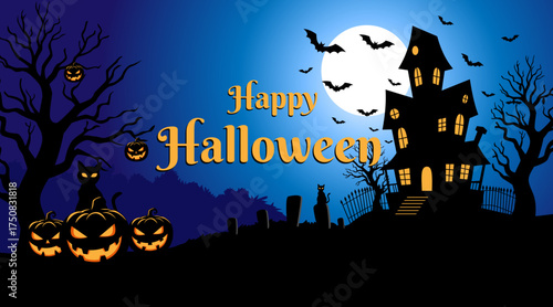 Spooky Halloween night background with haunted house, bats, pumpkins, full moon and black cat silhouette. Perfect for party invitation, banner, greeting card, and seasonal design.