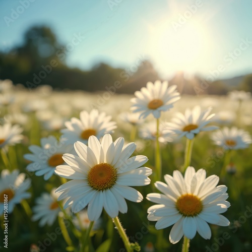 Photo shows field of white daisies flowers under bright blue sky with warm sunlight. Summer floral background evokes feelings of peace nature serenity.