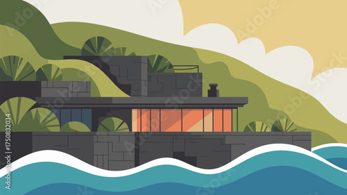 Illustration of a modern house on a hill overlooking the ocean with waves and a sunny sky above it