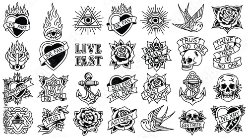 Vector art of a collection of classic tattoo designs featuring hearts, roses, skulls, and anchors, rendered in bold black lines, evoking a timeless and edgy aesthetic