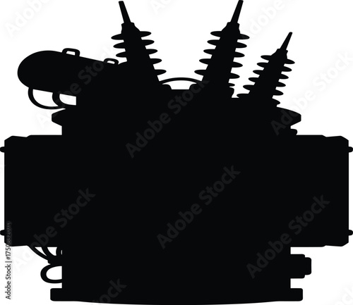 Silhouette of high voltage electrical power transformer with bushings, cooling fins, conservator tank, industrial substation equipment for energy distribution