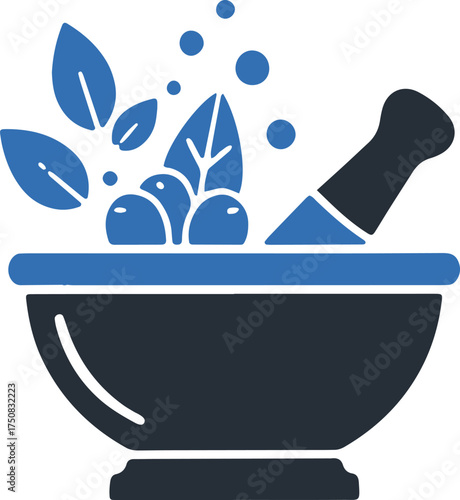 Mortar and pestle with herbs vector illustration for alternative medicine