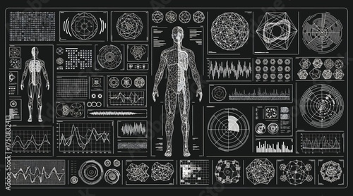 Vector art of advanced human body scan interface displaying detailed anatomical data and vital signs, showcasing cuttingedge medical technology and diagnostic capabilities on a dark background