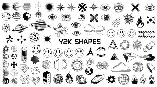 Vector art of collection of y2k shapes in black and white, featuring pixelated designs, eyes, flames, and smileys, perfect for adding a retrofuturistic touch to your creative projects
