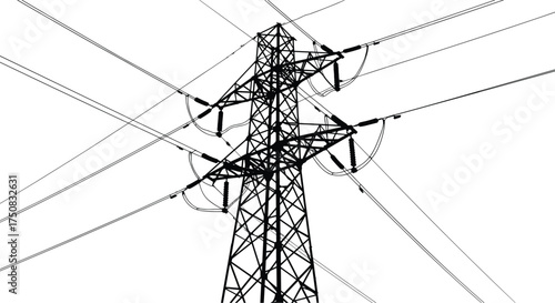 Silhouette of high voltage electricity transmission tower with power lines, energy infrastructure, industrial structure, grid system, engineering design illustration vector