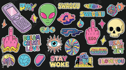 Vector art of a vibrant collection of y2kinspired stickers featuring aliens, flip phones, and edgy slogans, perfect for adding a retrofuturistic touch to any design project