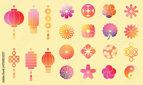 Line icon of China. Asian New Year. Chinese element. Lantern, flower and cloud gradient. Traditional graphic frame. Modern gold ornament design, oriental illumination. Vector linear card Japanese set